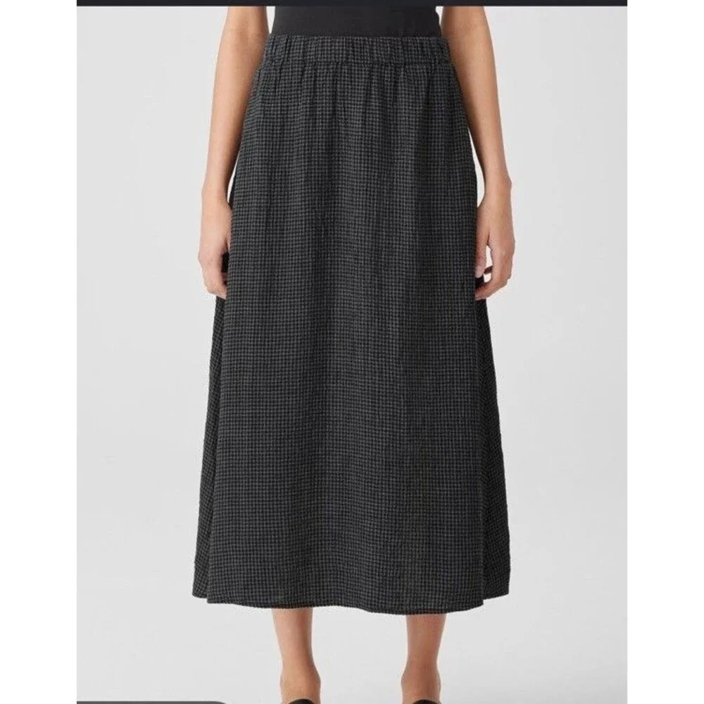 Eileen Fisher Organic Linen Gingham Check Pocket Skirt Sz M Lagenlook Layering
